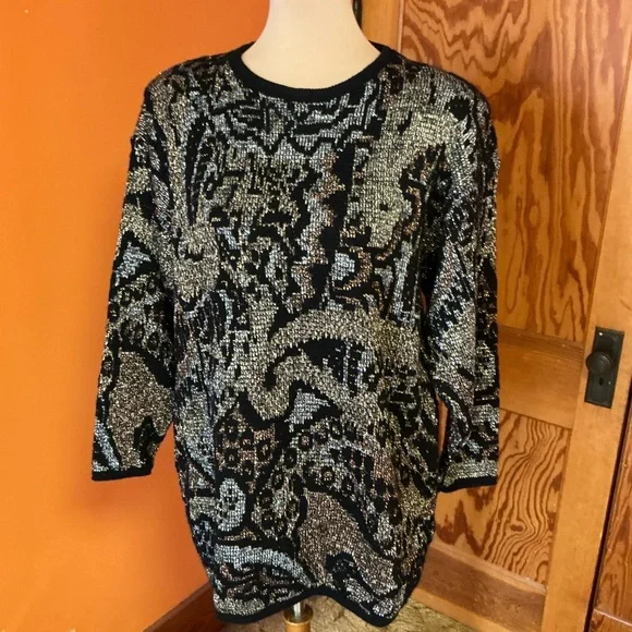Vtg 80s sparkly geometric oversized sweater - Picture 7 of 12